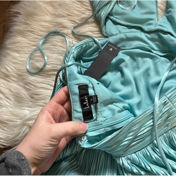 LULU’S Captivating Delight Teal Blue Plisse Satin Lace-Up Mini Dress - Picture 7 of 7